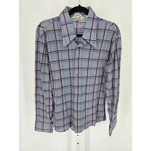 Vintage 1970s Nik-Nik Mens Sz XL Button Up Long Sleeve Dress Shirt Blue Plaid